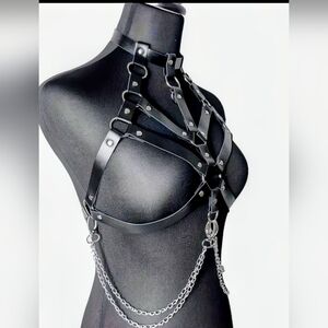 Black Leather Harness with Silver Accents
